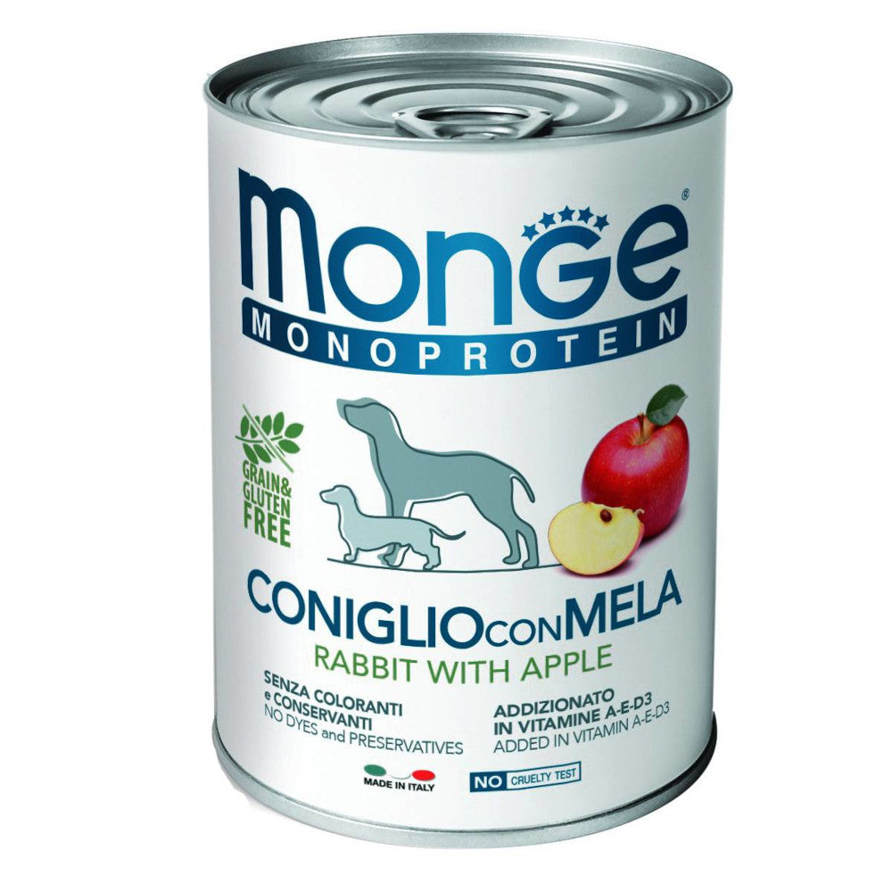 Monge Monoprotein Coniglio con Mela 400gr Alimento umido per Cani Monge Monoprotein Coniglio con Mela 400gr Alimento umido per Cani
